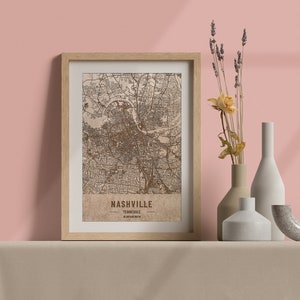 Carte en bois de Nashville, Tennessee. Carte vintage gravée au laser 3D. L’art du bois. Ville de gravure sur bois personnalisée du monde. Décoration à la maison