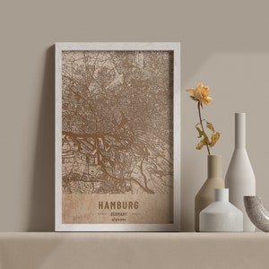 Holzkarte von Hamburg, Deutschland. 3D lasergravierte individuelle Vintage Karte. Holzkunst. Personalisierter Holzschnitt einer Stadt der Welt. Wohnkultur