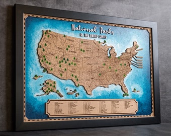 National Parks Wood Map, USA Parks, Push Pin Map, Wood Map, Gift for her, Grandparents gift, best gift for best friend, National usa Parks