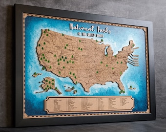 Mapa de Parques Nacionales de Madera, EE. UU., Rastreador de Viaje con Chinchetas