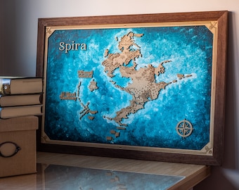 Mapa de madera de Final Fantasy X, regalo para él, mapa de Spira mapa de Final Fantasy hecho a mano, regalo auténtico, libros