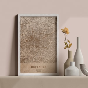 Holz-Landkarte von Dortmund, Deutschland. 3D Laser gravierte individuelle Vintage Karte. Holzkunst. Personalisierter Holzschnitt einer Stadt der Welt. Wohndekor