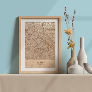 Carte en bois de Paris, France. Carte vintage gravée au laser 3D. L’art du bois. Gravure sur bois personnalisée d’une ville du monde. Décoration à la maison