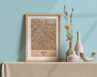 Holzkarte von Paris, Frankreich. 3D lasergravierte individuelle Vintage Karte. Holzkunst. Personalisierter Holzschnitt einer Stadt der Welt. Wohnkultur