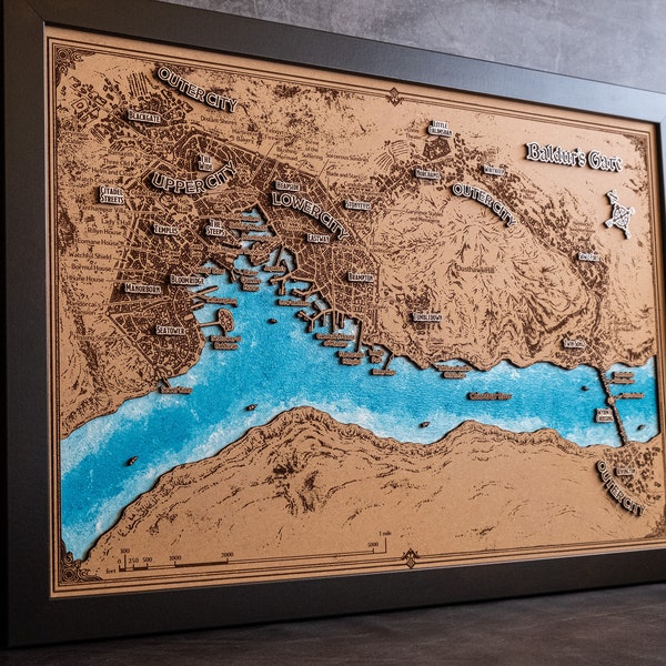 Baldur's Gate map, D&D map, map of Baldur's, Dungeons And Dragons map Poster,  Baldur's Gate Map, Wall Decor. Wood map. 5th anniversary gift