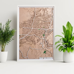 Décoration en bois au laser Carte en bois de la ville, gravure au laser, Carte en bois artistique, Carte en bois de San Salvador, Europe, États-Unis, Carte en bois personnalisée