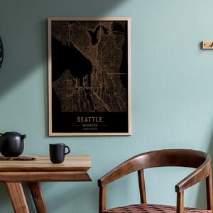 Houten kaart van Seattle, Washington. 3D laser gegraveerde aangepaste vintage kaart. Houtkunst. Gepersonaliseerde houtsnede stad van de wereld. Het decor van het huis