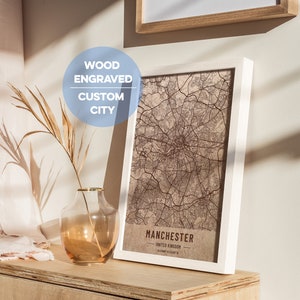 Mapa da cidade personalizado. Mapa de Manchester no Reino Unido. Qualquer cidade gravada em madeira e cortada a laser. Mapa de madeira personalizado. Mapa da cidade de madeira. Arte em madeira. Presentes personalizados
