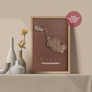 Carte en bois de n'importe quel pays. Carte de Malte ou du pays personnalisée, gravure sur bois 3D découpée au laser. Carte de tous les pays du monde. avec des épingles !