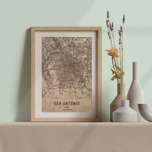 Carte en bois de San Antonio, Texas. Carte vintage gravée au laser 3D. L’art du bois. Ville de gravure sur bois personnalisée du monde. Décoration à la maison