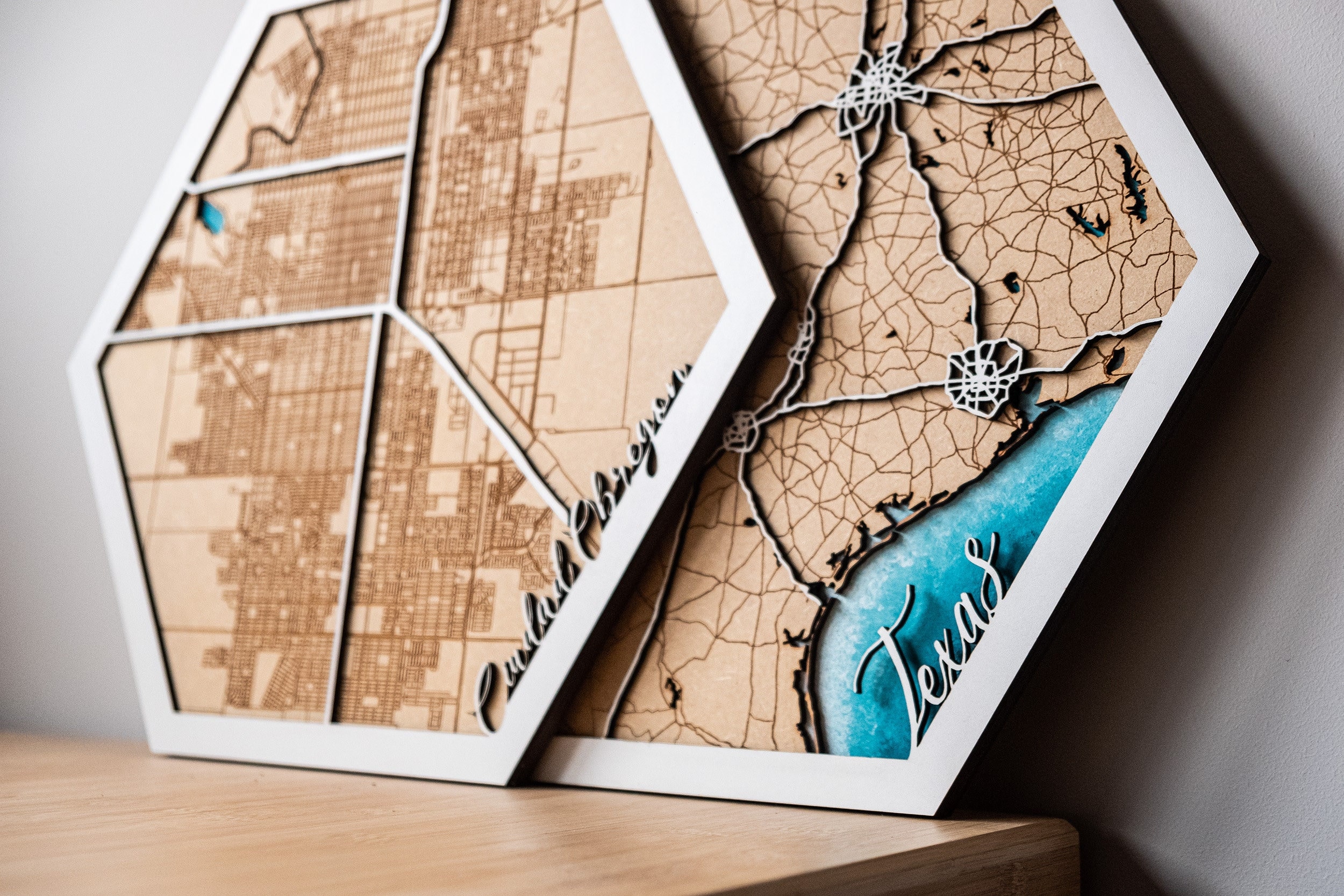Wood art, Wood city map, laser hexagonal map, Wood world map with sea