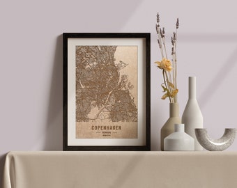 Laser Engraved Copenhagen Wood Map, Custom City Art
