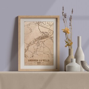 Carte en bois d’Andorre La Vella, Andorre. Carte vintage gravée au laser 3D. L’art du bois. Ville de gravure sur bois personnalisée du monde. Décor de la maison.