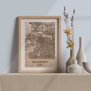 Carte en bois de Sacramento, La Californie. Carte vintage gravée au laser 3D. L’art du bois. Ville de gravure sur bois personnalisée du monde. Décoration à la maison