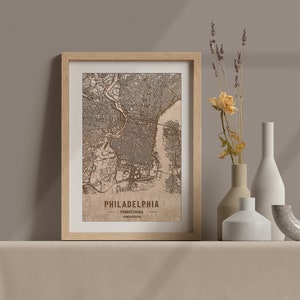 Carte en bois de Philadelphie, Pennsylvanie. Carte vintage gravée au laser 3D. L’art du bois. Ville de gravure sur bois personnalisée du monde. Décoration à la maison