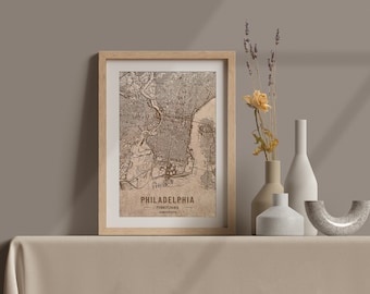 Laser Engraved Philadelphia Wood Map, Custom City Art