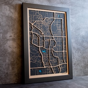Houten kaart van elke stad ter wereld, 5e verjaardag verjaardag bruiloft, houten handgeschilderde kaart. . Calgary. Gepersonaliseerde cadeau voor Inwijdingsfeest