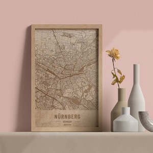 Holzkarte von Nurnberg, Deutschland. 3D Lasergravierte individuelle Vintage Karte. Holzkunst. Personalisierter Holzschnitt einer Stadt der Welt. Wohnkultur