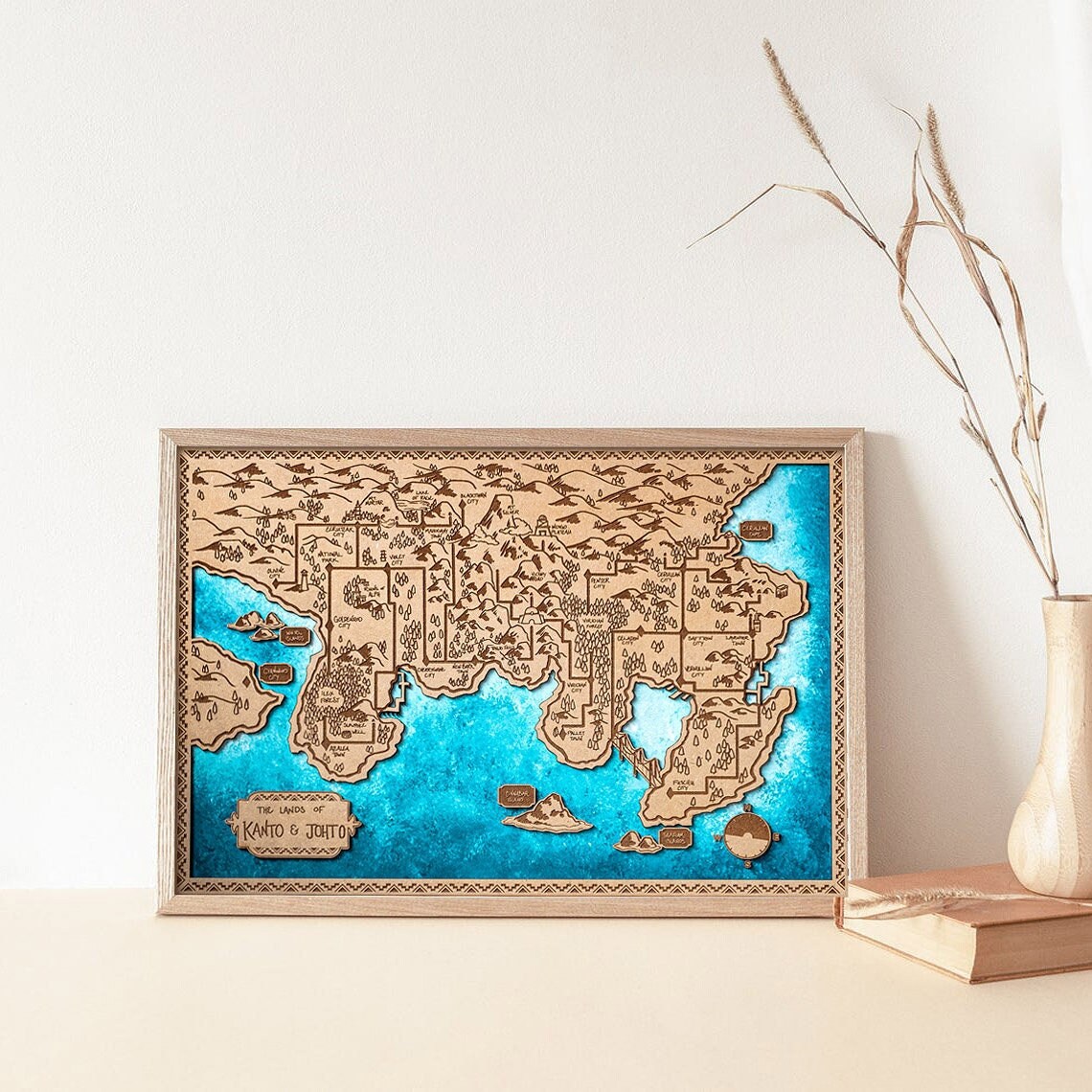 Kanto and Johto Map wood, game map, Pokemon, Games Room Decor, Home ...