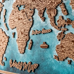 Carte personnalisée en bois. Wood World Map Wall Art - Carte du monde d’art en bois, Décoration murale en bois, Grande carte rustique, Carte de voyage, Design, Art mural