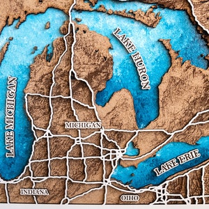 La carte des grands lacs, toile des grands lacs, affiche des grands lacs, impression des grands lacs, voyage des grands lacs, carte nautique des grands lacs, carte 3d