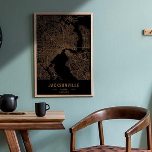 Carte en bois de Jacksonville, Floride. Carte vintage gravée au laser 3D. L’art du bois. Ville de gravure sur bois personnalisée du monde. Décoration à la maison