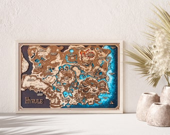 Mapa de madera de Zelda, regalo para él, mapa de zelda, hyrule, mapa de Breath of the Wild, hecho a mano, regalo auténtico, regalo de gamer