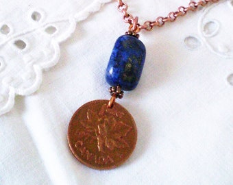 Canadian Penny Necklace with Lapis Lazuli Stone - milestone year, souvenir, Canadian gift for Mom, granddaughter gift, lucky penny