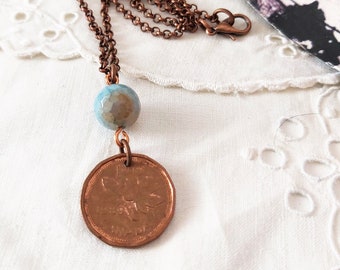 Personalised Canadian Penny Copper Necklace with a Turquoise Agate Stone, His n Hers Matching Gift, Coin Collector Gift, Canadian Souvenir