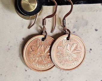 Personalised Canadian Penny Earrings, choose a milestone year, family keepsake, lucky penny, Canadian souvenir gift, sibling gift for Mom