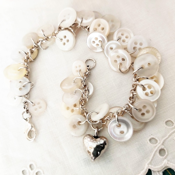 Repurposed Button Charm Bracelet Featuring a Hammered Puffed Heart Charm, seamstress gift, unique birthday gift, button collector gift