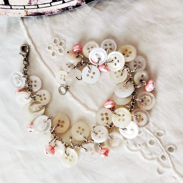 Button Charm Bracelet with Pastel Pink Freshwater Pearls, Wedding jewellery, Romantic jewelry gift, Sewing Theme gift, Unique Wife gift