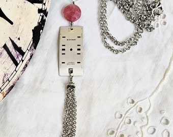 MCM Look Watch Face Necklace with Pink Muscovite Stone and Tassel, Unique Mom Gift, One of a Kind Girlfriend Gift, Sister Gift