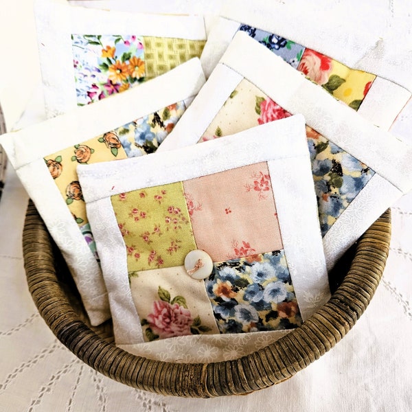 Pastel Cotton Drawer Sachets, Filled with Quilt Batting and Lavender, Decorated with a Mother of Pearl Button, Cottage Chic Scented Squares