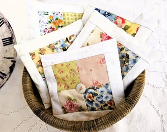 Pastel Cotton Drawer Sachets, Filled with Quilt Batting and Lavender, Decorated with a Mother of Pearl Button, Cottage Chic Scented Squares