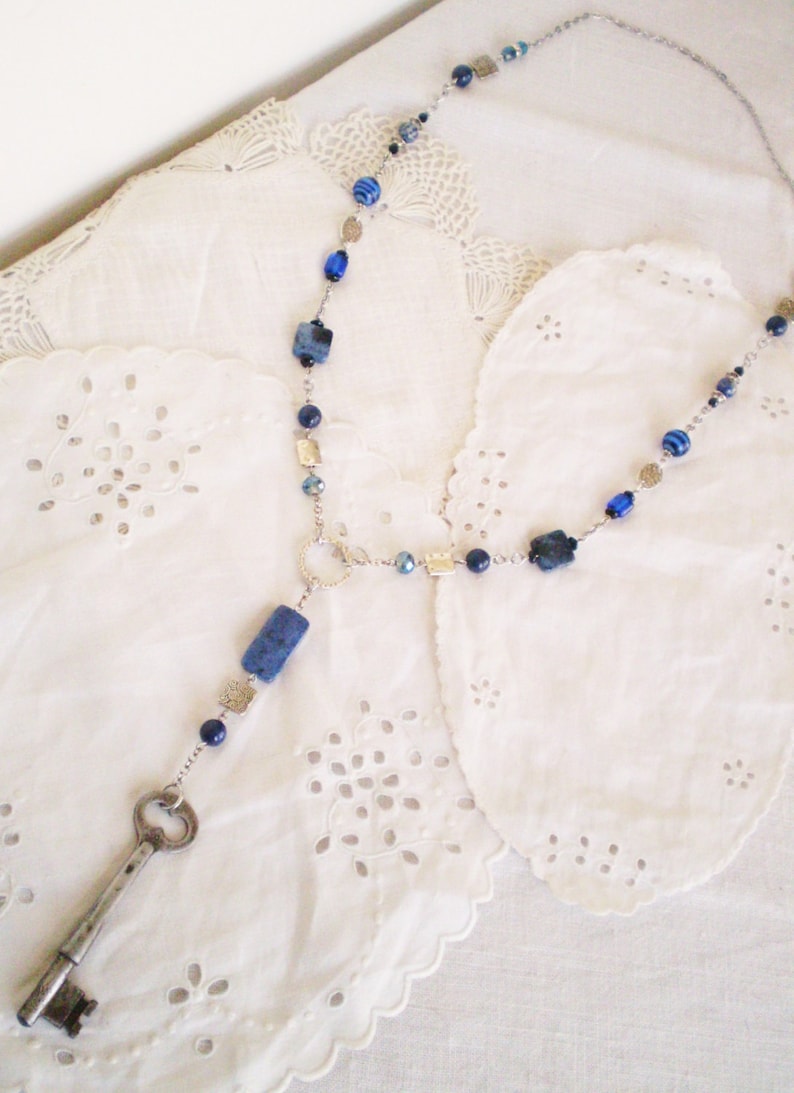OOAK Upcycled Assemblage Rosary Neckace featuring Vintage Key and Mixed Blue Stones /& Crystals found objects Steampunk statement Lapis