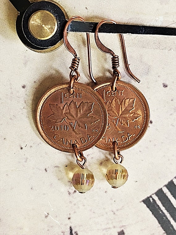 Custom Year Penny Earrings with Golden Czech Glass Beads, choose a milestone year, family keepsake, Canadian souvenir, coin collector gift