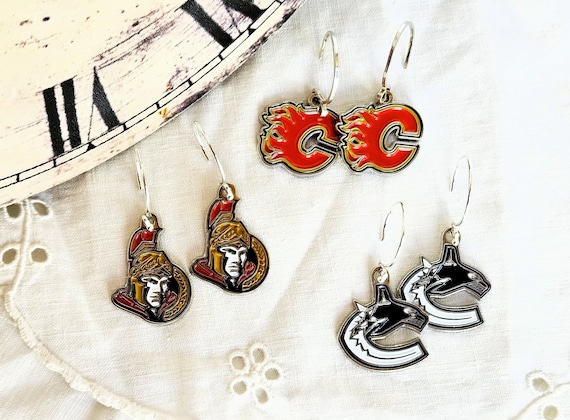 NHL Team Earrings, Calgary Flames, Ottawa Senators, Vancouver Canucks, Hockey Fan Gift, Hockey Mom Gift
