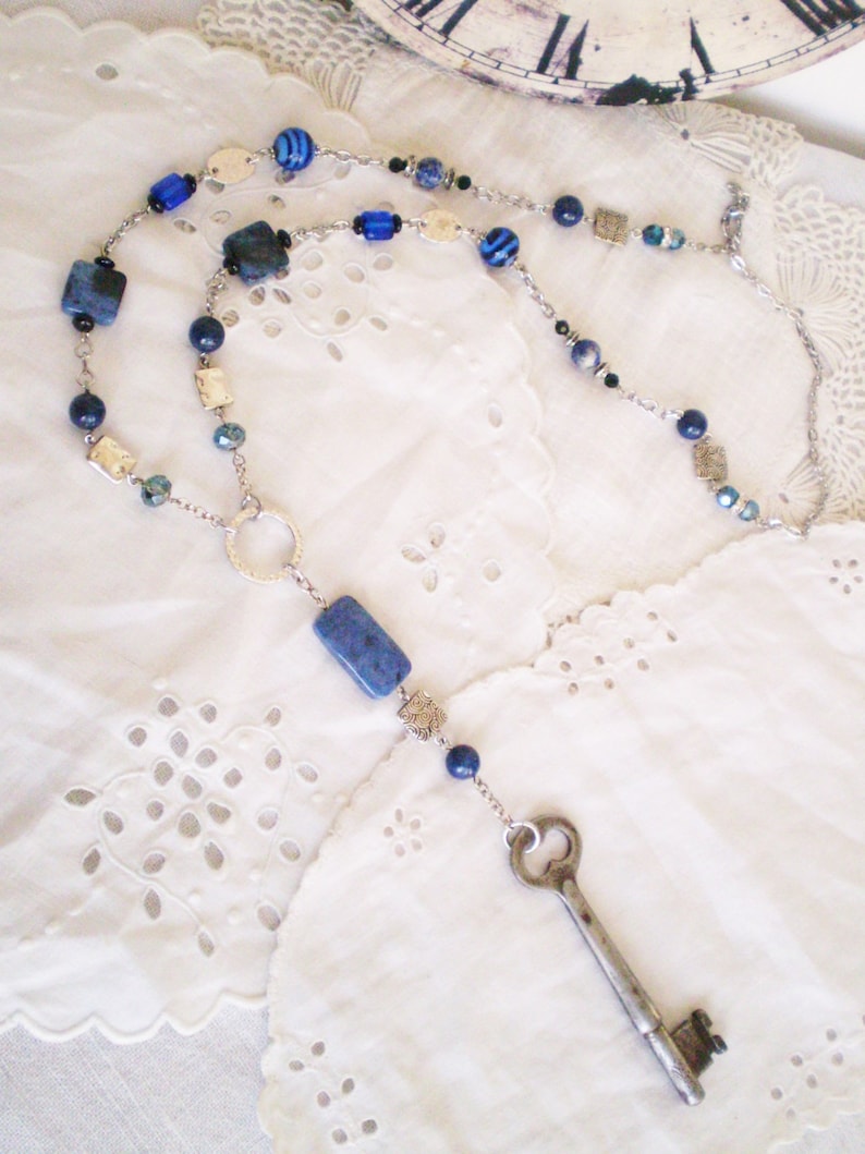 OOAK Upcycled Assemblage Rosary Neckace featuring Vintage Key and Mixed Blue Stones /& Crystals found objects Steampunk statement Lapis