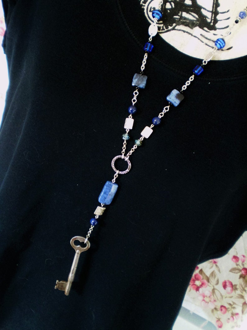 OOAK Upcycled Assemblage Rosary Neckace featuring Vintage Key and Mixed Blue Stones /& Crystals found objects Steampunk statement Lapis