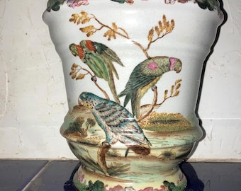 RARE, gorgeous and elegant Vintage Chinese Hua Rong Tang Zhi hand painted/hand crafted Cachepot Planter with Bird and cherry blossom motif