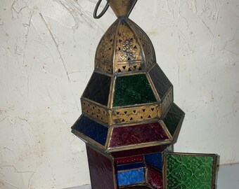 Colorful Authentic Vintage Moroccan Style Hanging Stained Glass & Brass Lantern