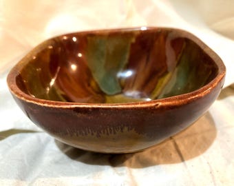 Authentic 1970s Dryden OZARK FRONTIER SQUARE hand thrown Drip Glaze Art Pottery bowl, 5x5