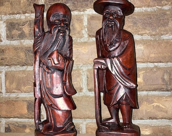 Vintage Rosewood Wiseman & Farmer Statues: Hand Carved Feng Shui Pair