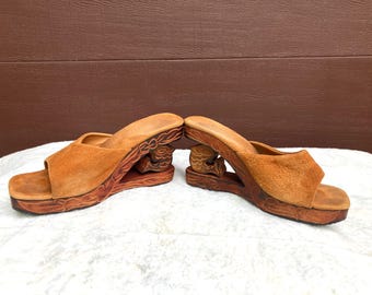 Vintage Wooden Fish Platform Suede Slide-In Boho Funky Platform Heels, Indonesia