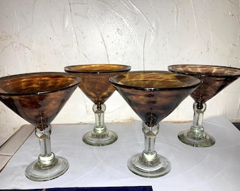 4 Hand Blown Italian Leopard print large crystal martini glasses