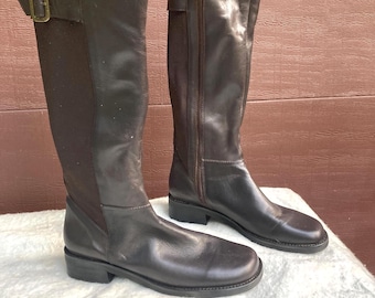 Vintage Equestrian-style Knee High Zip Up Leather Boots, Stretch Calf, Size 9