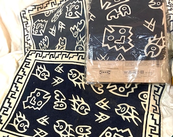 Vintage IKEA “Neptun” black & cream white abstract print tablecloth, 2 placemats