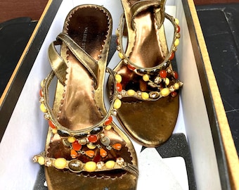 Vintage Valerie Stevens Tortoise Shell Dangling Bejeweled Strappy High Heels, size 9