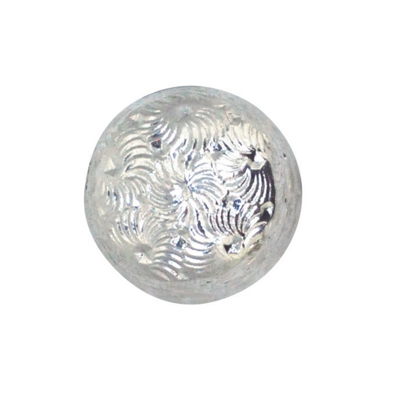 May include: A silver-colored, round, decorative button with a textured, swirling pattern.